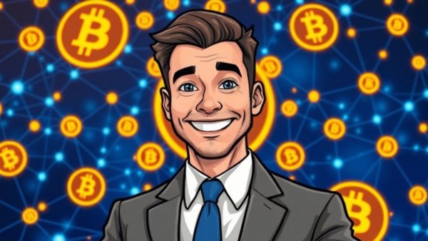 Illustration of a man with Bitcoin and blockchain network