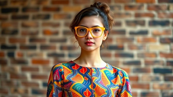 Woman in colorful dress and yellow glasses standing outside.