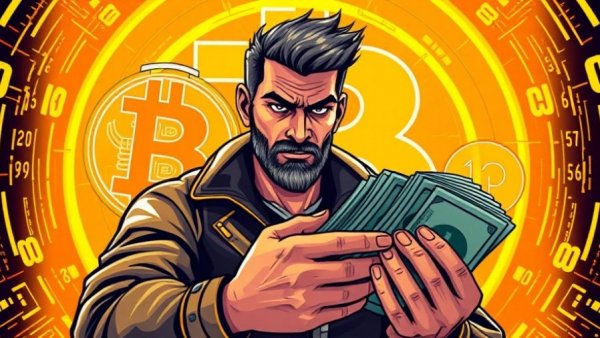 Futuristic illustration of Bitcoin strategy theme with cash and symbols.