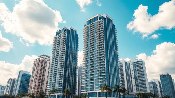 Miami high-rise living with towering buildings under a blue sky.