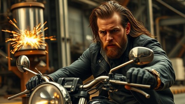 Rugged biker rides fiercely in dark industrial scene, Alleged Hells Angels Leader Captured.