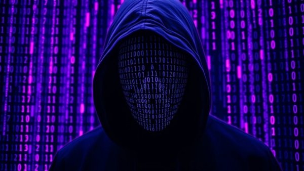 Hooded figure with binary face amidst digital data, AI Model Cybersecurity Threats