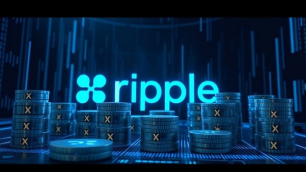 Stylized Ripple logo with coins in digital graphic for 'Ripple USD RLUSD stablecoin rating'.