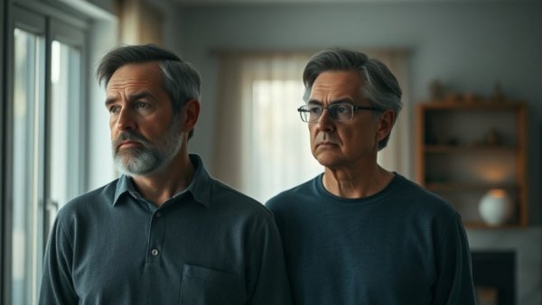 Middle-aged couple looking worried near window, financial disparities in marriage.
