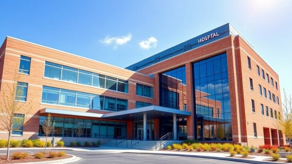 Modern hospital building with glass windows under a clear sky.