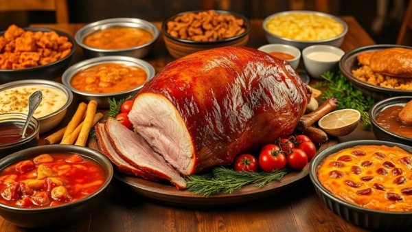 Thanksgiving dinner spread with ham and dishes, rustic table setting.