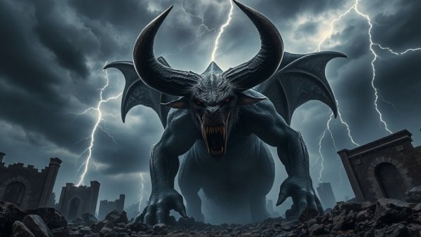 Massive demonic beast in stormy ruins with intense lightning.