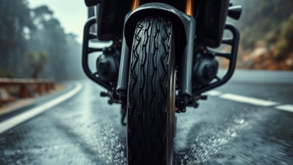 BATTLAX ADVENTURE A42 tire on a motorcycle in rain, showing performance.