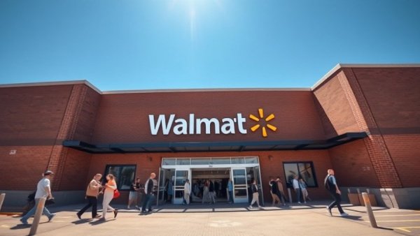 Walmart store front with shoppers entering and exiting
