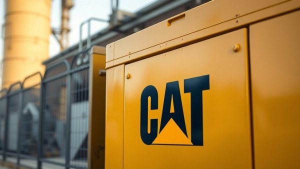 Caterpillar generator with CAT logo near industrial building.