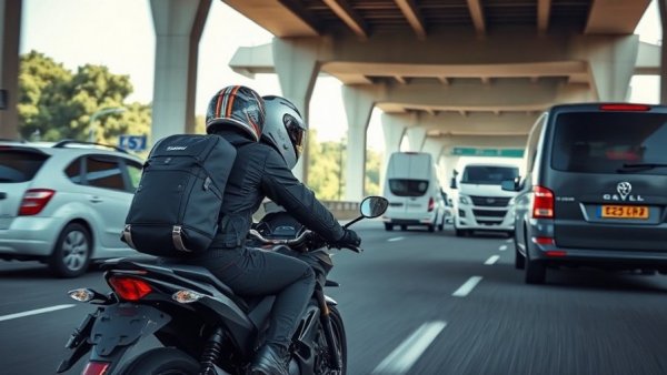 Motorcyclist practicing lane filtering on highway in Colorado