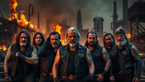 Biker Nation posing in fiery industrial setting.