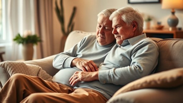 Elderly couple embracing on sofa, illustrating family dynamics and inheritance choices.