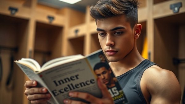 Young athlete reading Inner Excellence book in locker room.