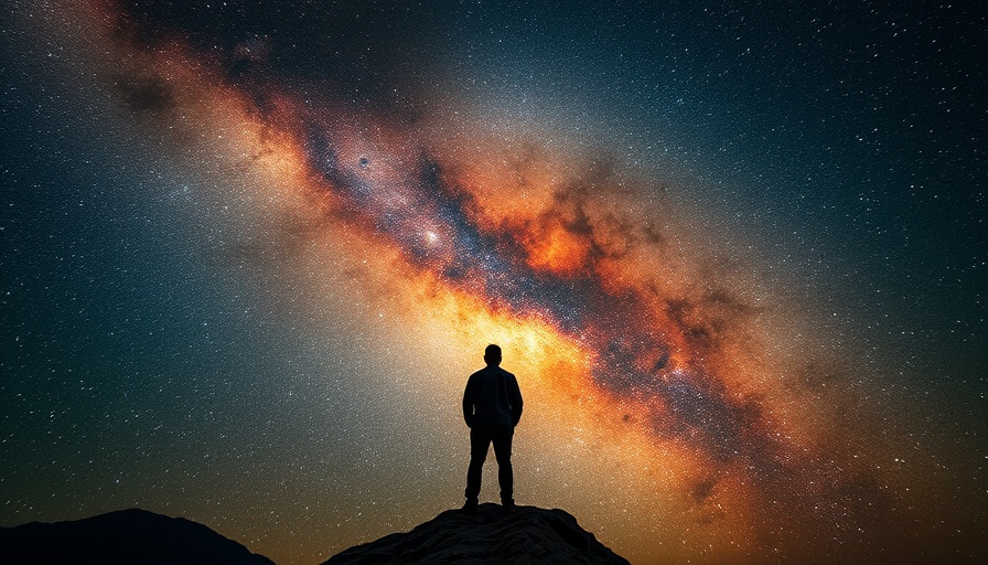 Vast starry sky with silhouetted hiker gazing upward.