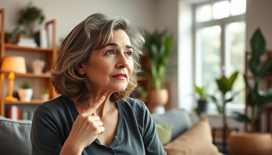 Woman discussing skin stacking in a cozy living room.