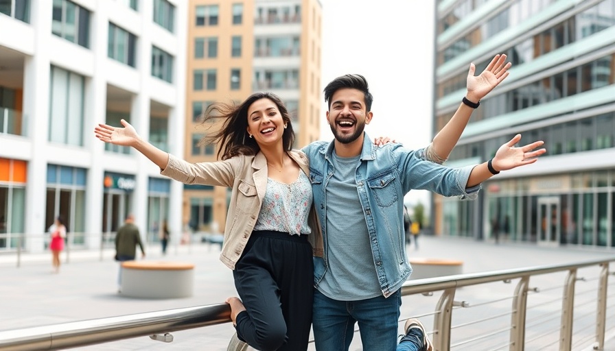 Carefree young couple enjoying an urban plaza on a sunny day.