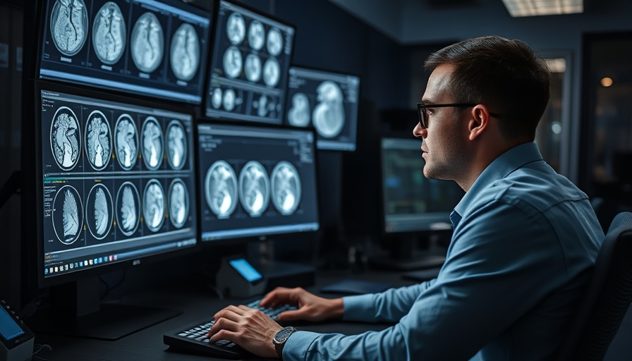 AI medical imaging expert analyzing MRI scans in modern office.