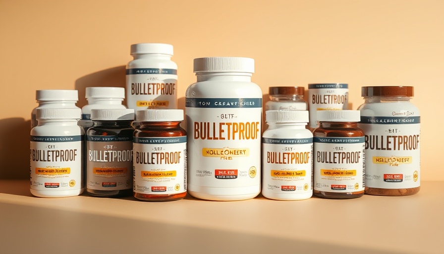 Bulletproof supplements arranged on beige surface with natural lighting.
