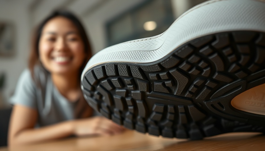Sneaker sole close-up with smiling woman in background.