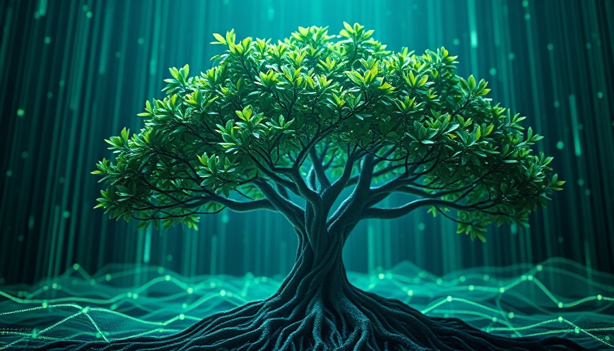 Mike Adams song tree in digital landscape, glowing networks.