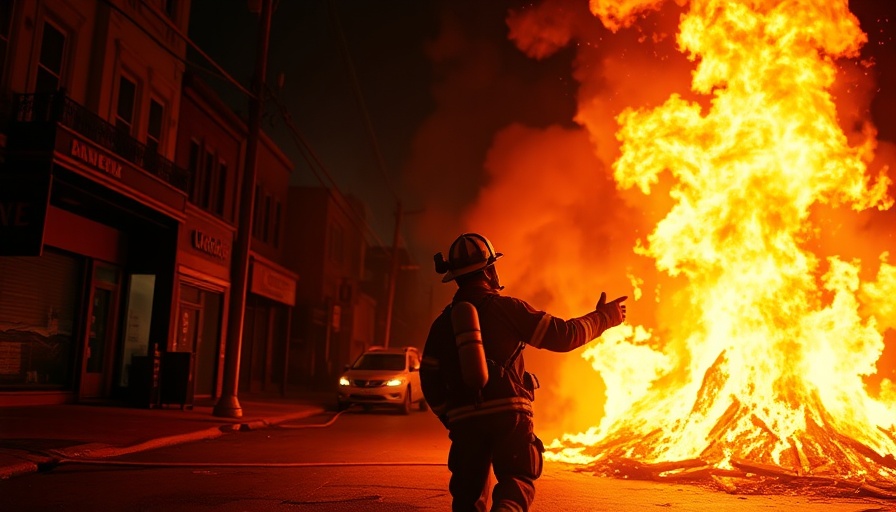 Intense firefighting scene at nighttime engulfed in flames.