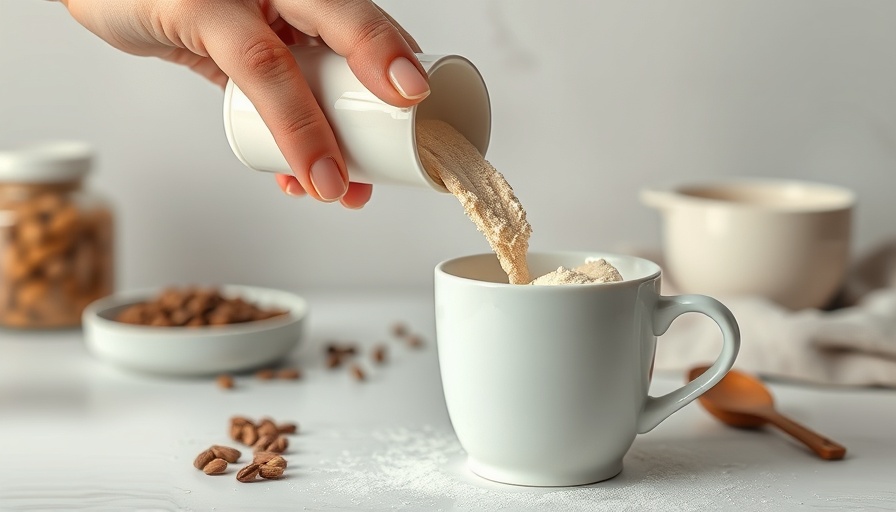 Collagen protein being added to coffee in a modern kitchen setting.