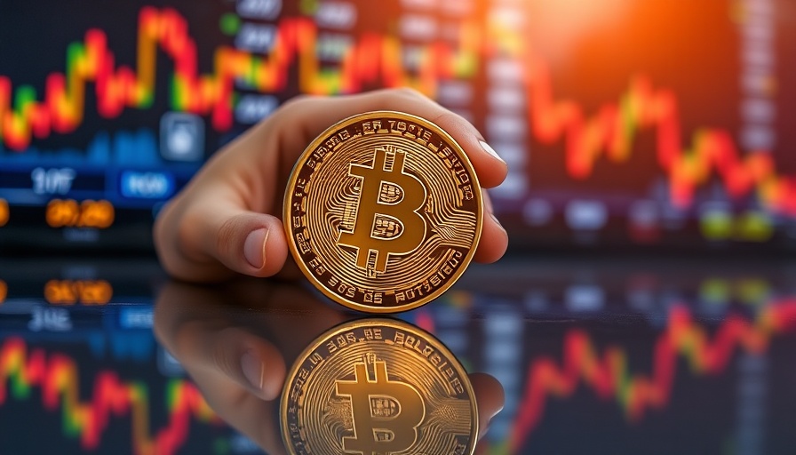 Crypto investment: Hand holding Bitcoin over stock charts.