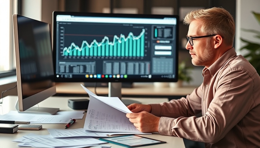 Thoughtful individual reviewing tax documents in modern office setting