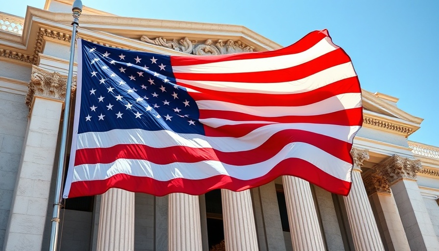 American flag waving near a government building symbolizes crypto crime prevention.