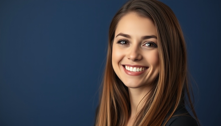 Smiling woman with long hair on abstract blue background.