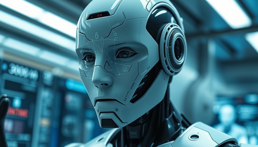 Futuristic humanoid robot in high-tech lab with digital interface.