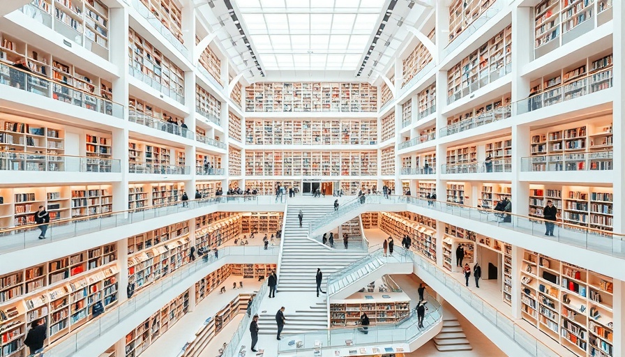 Modern library with shelves of books and people reading.