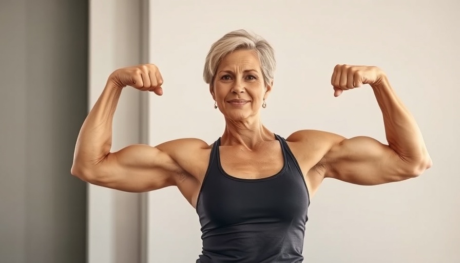 Motivational body transformation of a middle-aged woman flexing muscles.