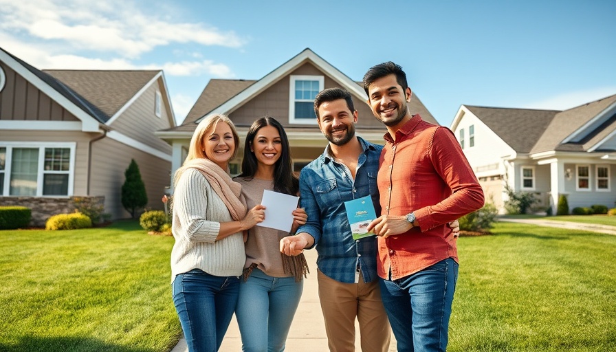 Family celebrating home purchases outside new house.