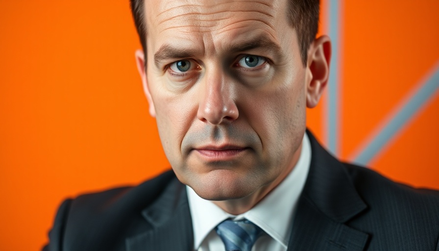 Professional man, vibrant orange backdrop, focused expression.