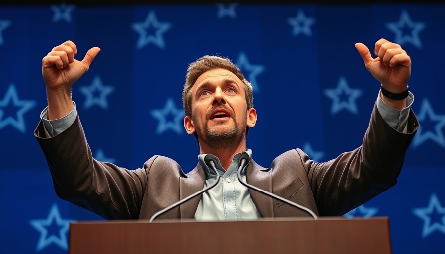 Passionate speaker at podium with blue and stars backdrop, cinematic photo.