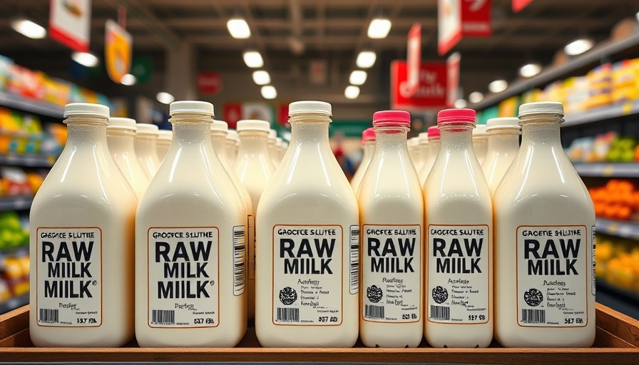 Raw milk bottles on grocery store shelf, labeled and neatly organized.