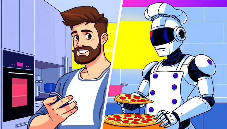 Animated scene of man using phone while robot makes pizza in modern kitchen.