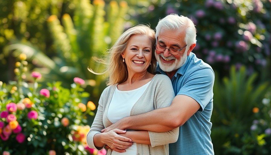 Mature couple embracing in a garden, celebrating second marriages.