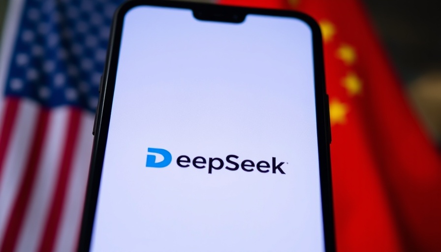 DeepSeek app logo on phone with U.S. and China flags background.