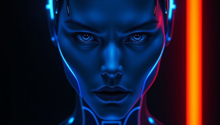 Futuristic blue humanoid face with intense gaze in dark setting.