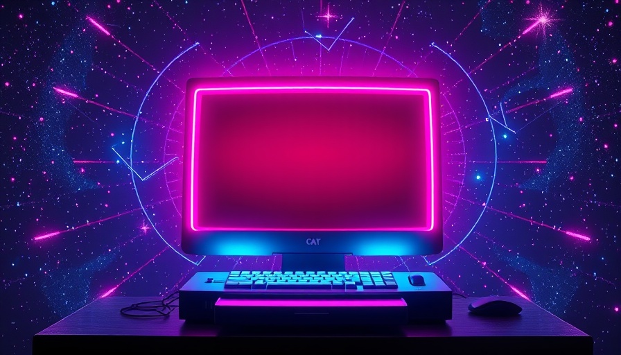 Vintage computer with glowing screen, futuristic neon setting.