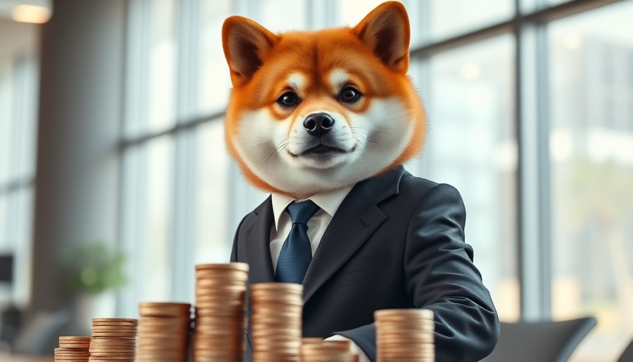 Shiba Inu in suit with coins, symbolizing Dogecoin Trust.