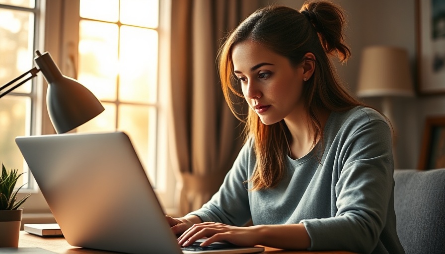 Young woman exploring career options online, cozy home office.
