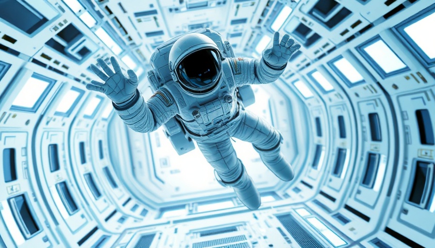 Futuristic astronaut in 3D animation floating in space station