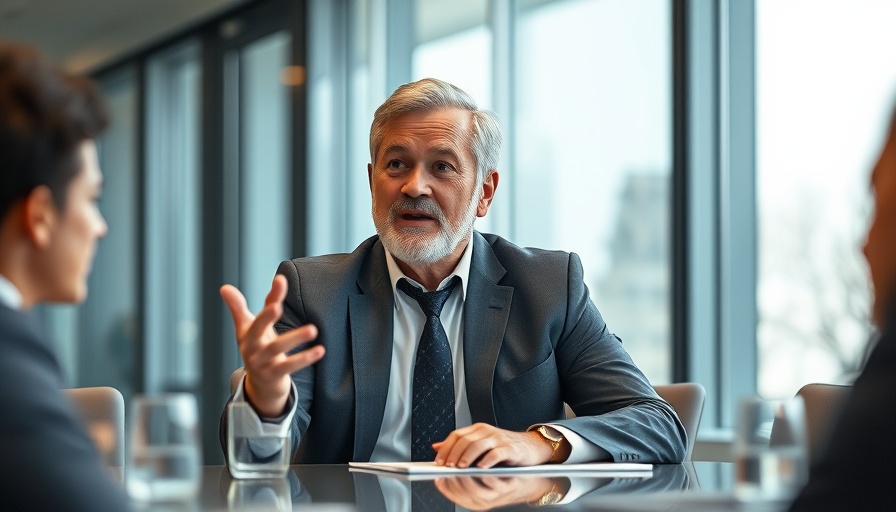 Mature man at conference table speaking passionately in formal setting.