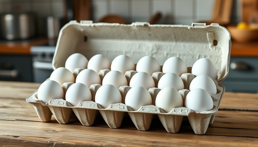 Open egg carton with white eggs on a table, illustrating egg prices.