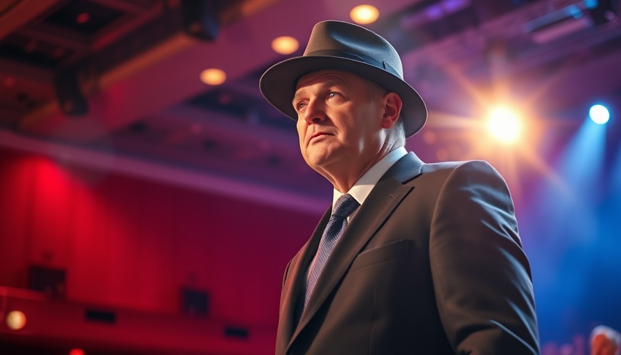 Prominent figure on stage at a political event, dramatic lighting.