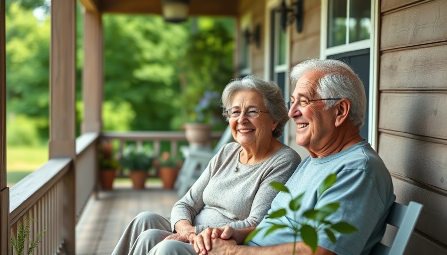 Smiling elderly couple on porch with plants, aging parents theme.